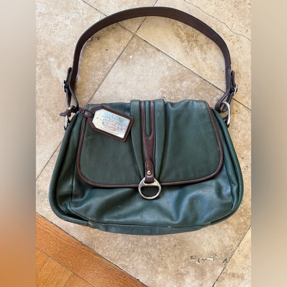 LAUREN RALPH LAUREN vintage olive, green and brown, leather handbag preowned - Picture 5 of 14